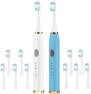 VANTREEGAO Electric Toothbrush 2 Pack, Travel Electric Toothbrush for Adult Includes 10 Replacement Brush Heads, 5 Modes, 2 Hours Charge for 60 Days (White & Blue, 2 Pack)