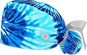[WOSHJIUK] Working Hat 2 Pack Scrub Caps for Women,Spiral Blue tie,Tie Back Cap Adjustable Scrub Hat