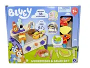 Bluey Wooden BBQ and Salad Set 33 Piece Colorful Playset w tongs and food