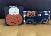 Lot 2 Mud Pie Halloween Mini Hook Pillow Truck Jack O lantern Black White Check