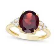 Oval Garnet and White Topaz Tri-Sides Ring in Solid 10K Yellow Gold