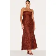 Plus Chestnut Textured Lace Up Back Maxi Dress, Chestnut