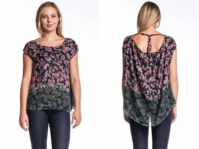 Elizabeth and James Kristen Top High Low Flowers Chiffon NEW Floral Short Sleeve