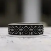 Fleur de Lis Cross 925 Sterling Silver Ring - Handmade Medieval Gothic Band