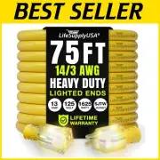 75ft Lighted End Extension Cord - Heavy Duty 14/3 Gauge, Waterproof Performance