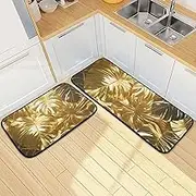 XYMZR Kitchen Mat Palm Tree Gold for Floor, 2 Piece, Non Slip Washable Kitchen Rugs for Kitchen & Home Decor, Sink, Bathroom 19.7” x 27.6” + 19.7” + 47.2”