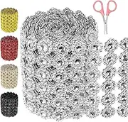 Swpeet 1 Roll 4 Inch × 3 Yards 6 Rows Silver Rhinestone Ribbon with Scissors，Faux Crystal Rhinestone Flower Mesh Ribbon，Bling Diamond Wrap Trim Ribbon for Wedding Decorations DIY Crafts