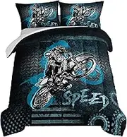 HOSIMA Dirt Bike Comforter Motocross Rider Bedding Set for Race Car Bed,American Flag Motorbike Comforter for Queen Size Bed Extreme Sport Bedding Set for Boys Teens Mens Bedroom Essentials.