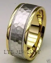HAMMERED FINISH TWO TONE GOLD MENS WEDDING BANDS,14K WHITE & YELLOW GOLD RINGS