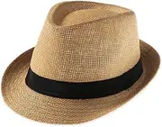 [Andy's Orchids] Straw Panama Cap, Unisex Beach Sun Cap Summer Wide Brim Straw Panama Cap Casual Jazz Dress Hat Cowboy Fedora Hat Gangster Cap Khaki, Khaki, Medium-Large