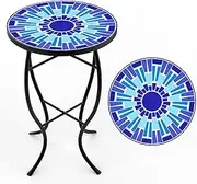 FROMJBEST Mosaic Outdoor Side Table, Patio Side Table, Weather Resistant 14" Diameter 21" H Ceramic Tile Round Outside Table for Patio, Porch, Garden, Pool, Indoor&Outdoor,Plant Stand (Vortex)