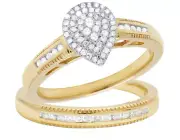 10K Yellow Gold Pear Cluster Real Diamond Engagement Wedding 2pc Ring Set 1/3CT