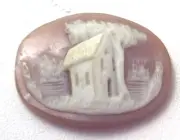 NOS Antique Hand Carved Oval Shell CAMEO Stone House & Tree Scene #N423