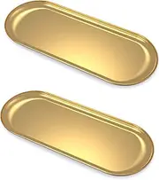 [2 Pack] Lolalet Gold Candle Tray Perfume Organizer, 7 Inch Small Stainless Steel Towel Tray Soap Dish for Bathroom, Oval Metal Dresser Decorative Trays for Key Mini Jewelry -Medium