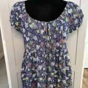 NWT Universal Thread Blue Dress Women's Medium Floral Puff Sleeve Peasant Scoop
