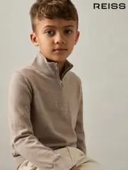 Reiss Wheat Melange Blackhall 9-13 yrs Merino Wool Half-Zip Funnel Neck Jumper (E76655) | $75