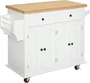 HOMCOM Kitchen Island on Wheels, Rolling Cart with Rubberwood Top, Spice Rack, Towel Rack and Drawers for Dining Room, White