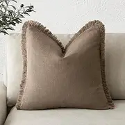 [Foindtower] Decorative Linen Fringe Throw Pillow Covers Cozy Boho Farmhouse Cushion Cover with Tassels Soft Accent Pillowcase for Chair Sofa Bed Living Room Home Decor, 20×20 Inch, 1PC, Light Brown