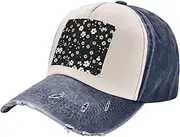 [YANYU] Black and White Floral Print Print Fashion Washed Distressed Baseball Cap Vintage Adjustable Hat with Classic Brim, Navy Blue, One Size