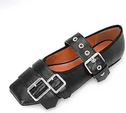[yowmns] Women's Buckle Strap Ballet Flats Studded Square Toe Mary Jane Shoes