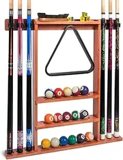 lotmusic Pool Stick Holder, Wall Mount Cue Rack,Solid Wood Floor Stand for billiard cue sticks,Holds 6 Cues & a Full Set of Balls,Professional Table Accessories Billiard Room or Club