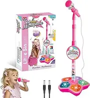 Kids Microphone and Stand, Adjustable Kids Karaoke Machines with Flashing Stage Lights, Stand Up Kids Microphone Stand for Girls Boys 8-12 Birthday Gift(Pink)