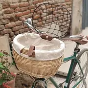 Hosuho Wicker Bike Basket for Small Dogs Cats Pet Carrier Bicycle Front Basket with Wire Mesh Cover, 30*25cm