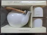PIER 1 IMPORTS WHITE PORCELAIN TEAPOT SET 4 CUPS BAMBOO HANDLE
