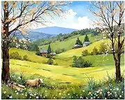 TAOPAOLAB Rural Paint by Numbers Kit for Adults - DIY Cow Grazing in Green Fields with Cabins Painting on Canvas 16x20 Inches, Acrylic Paint Set, Suitable for Beginners, Art for Home Decoration/Gifts