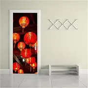 Door Stickers Self-Adhesive Chinese Style Lantern Art Door Home Decoration Door Cover Wall Sticker Mural Porch Wallpaper Poster(77x200cm)