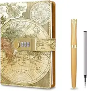Vintage Old Map Diary with Lock,A5 Locking Journal Pu Leather Refillable Writing Notebook with Lock Combination Password Personal Lock Journal with Pen&Gift Box Secret Lock Diary for Adults Men&Women