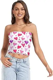 [RPLIFE] Watercolor Hearts White Women's Tube Top Strapless Top, Sheer Tube Tops, Trendy Crop Tops (S)