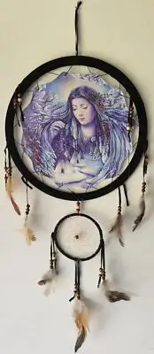 INDIAN LADY SNOW WINTER TEEPEE MOON TREES BIRD DREAMCATCHER 2 RINGS MEDIUM