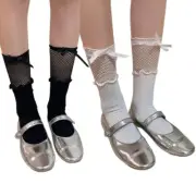 Women Fishnet Socks Knee High Socks Japanese Bowknot Over Calf Stockings