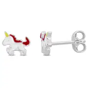 Amour Sterling Silver Pink and White Enamel Unicorn Stud Earrings