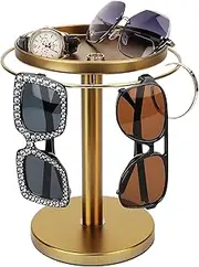 kondyfayo 360° Rotating Sunglass Organizer Storage, Stainless Steel Glasses Holder Stand, Glasses Organizer with Tray for Desk, Dresser, Tabletop, Nightstand and Home Decor (Gold)