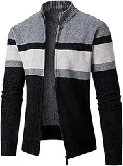 [Qolkmuiy-GJ] Men's Casual Striped Print Cardigan Stand Collar Pullover Fleece Knit Sweater Full Zip Quilted Lined