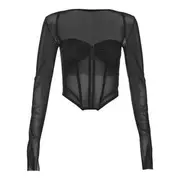 Long-Sleeve Plain Asymmetrical Mesh Bustier Top Black - L