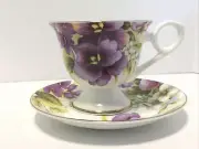 Gracie Bone China Pedestal Teacup & Saucer Purple Pansy Gilt Trim - New In Box