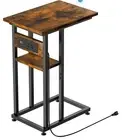 C Shaped Side Table with Charging Station, Foldable End Rustic Brown + Black