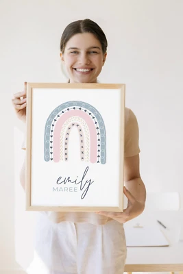 Kids Nursery Girls Name Personalised Poster Print Paper Pink Teal Rainbow