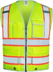 10 Pockets Safety Vest, Class 2 High Visibility Security with Zipper, Hi Vis Ves