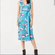 4 6 8 NWT DIANE VON FURSTENBERG BLANCHE TROPICAL BLUE PINK MIDI WRAP DRESS