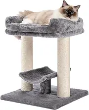 PETEPELA 19" Scratching Post, Cat Tree Tower, 100% Natural Sisal Scratcher With Large Plush Top Perch Bed, Cozy Platform for Kittens and Cats