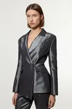 Fluid Tailored Metallic Asymmetric Wrap Blazer