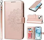 for iPhone 16 Plus Case Wallet with Cards Holder,Coque for iPhone16Plus Flower Strap Case,Leather Case Women Flip Cover Bag portefeuille Pour Femmes for iPhone 16Plus Pink