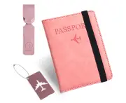 Leather Passport Case + Luggage Leather Tag + Metal Luggage Tag - Pink