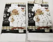 Set of 2 Same Printed Cotton Towels (15"x25")FAT CHEF W/WINE BOTTLE & GLASS, AsM