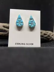 Native Zuni Inlay Teardrop Sleeping Beauty Sterling Silver Post Earrings