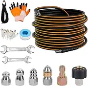 50FT Sewer Jetter Kit for Pressure Washer, 5800PSI Drain Cleaner Hose 1/4 Inch NPT Corner Rotating and Button Nose Sewer Jetting Nozzle Spanner Watertight Tape Pearl Corsage Pin Handle Strap